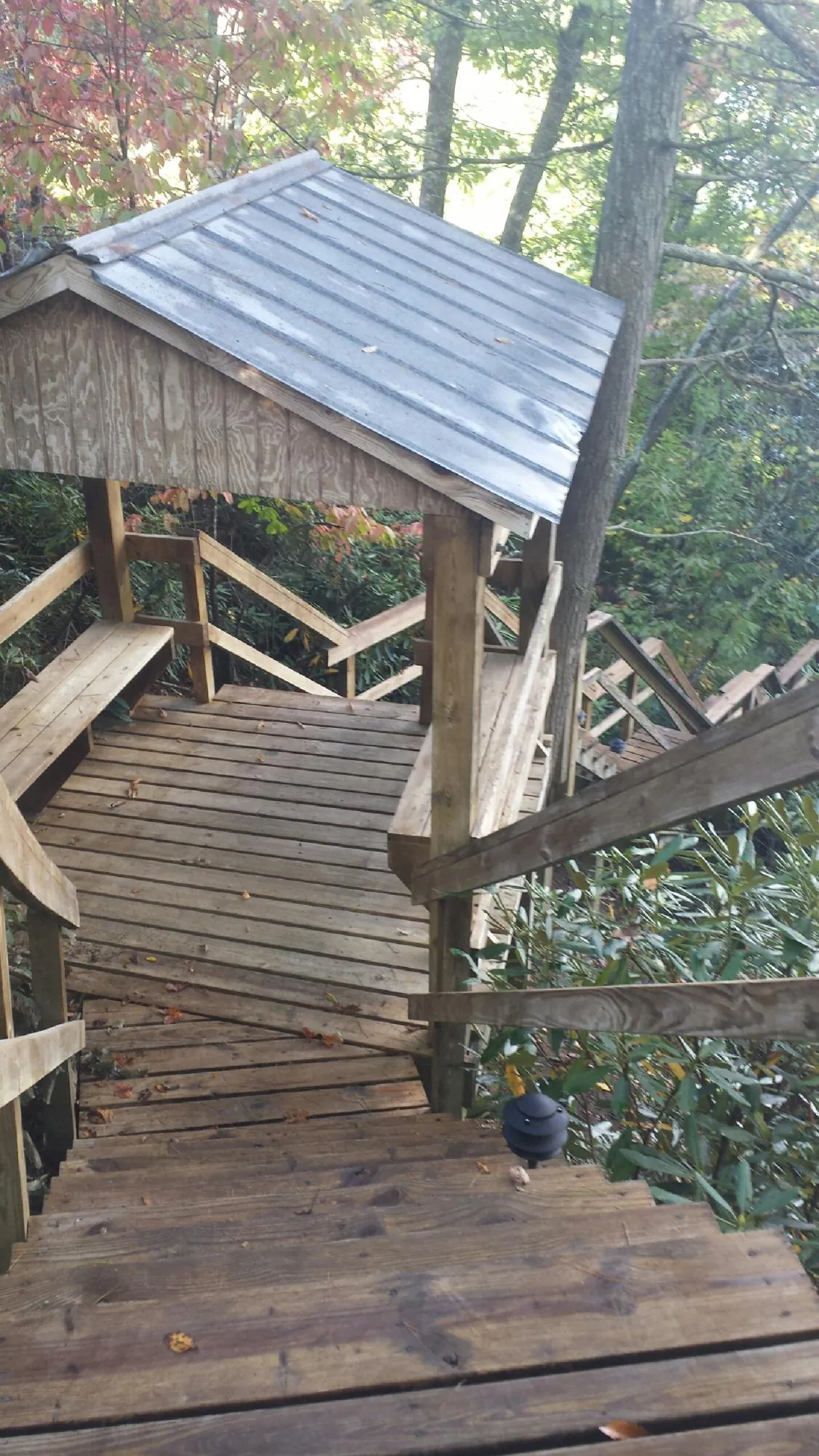 Metal roofed shelter over wooden steps on a wooded walkway — Skylight Repair & Installation work by our crew in Forsyth